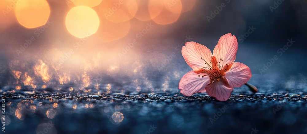 Poster Pink cherry blossom flower on wet ground with bokeh lights in the background and copy space for text placement