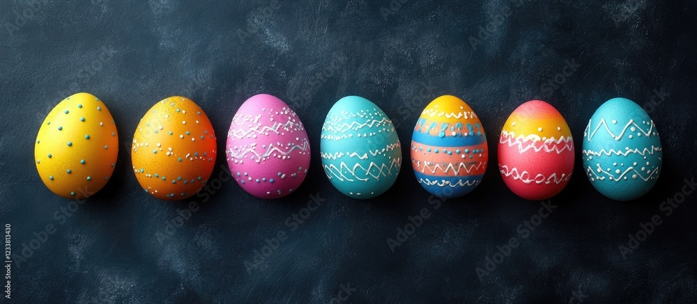 Aufkleber Colorful decorated Easter eggs arranged in a row on a dark background with ample copy space for text placement.