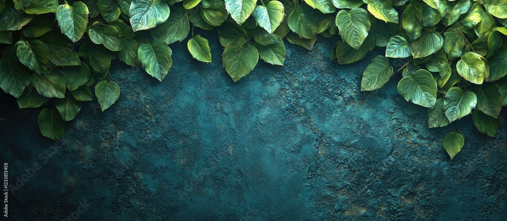 Poster green leafy border on a textured dark blue background with copy space for design purposes.
