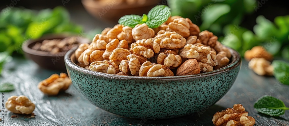 Poster walnuts in a decorative bowl with fresh mint leaves on a textured surface surrounded by nuts and gre