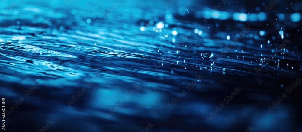 Poster blue water surface with ripples and rain droplets creating a dynamic, textured background suitable f