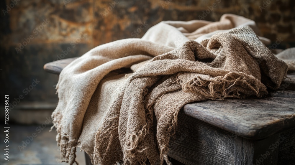 Poster Textured burlap fabric draped over a rustic wooden table with a weathered background Copy Space