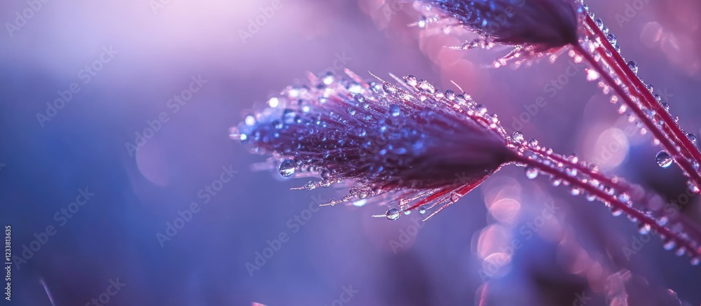 Poster close-up of dew-covered flower buds with purple hues and soft bokeh background copy space