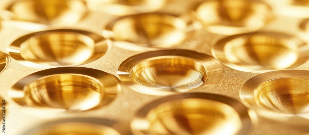 Aufkleber Close-up view of golden capsules arranged in a pattern with reflections on a glossy surface Copy Space