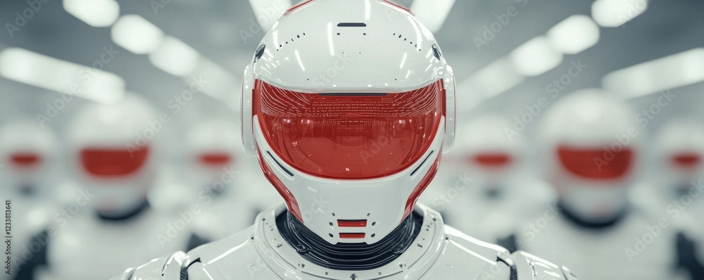 Poster a futuristic humanoid robot with a sleek white design and red visor stands prominently in a high-tec