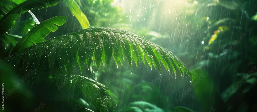 Poster rainforest foliage with droplets and sunlight filtering through leaves copy space