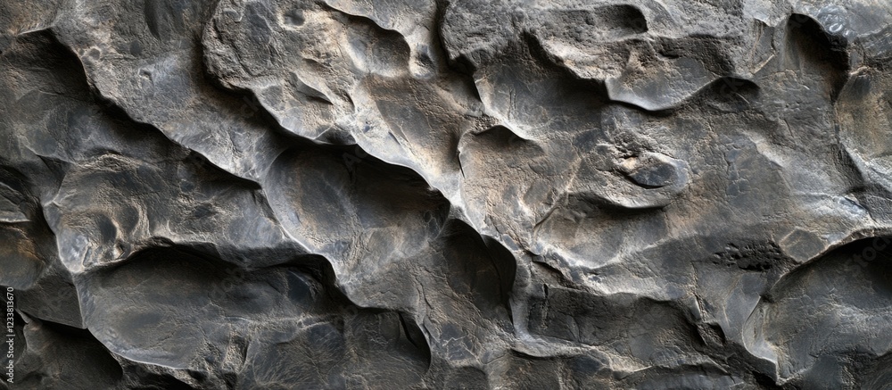 Leinwandbilder Textured surface of rugged dark stone featuring intricate patterns and shadows ideal for backgrounds and designs with Copy Space.