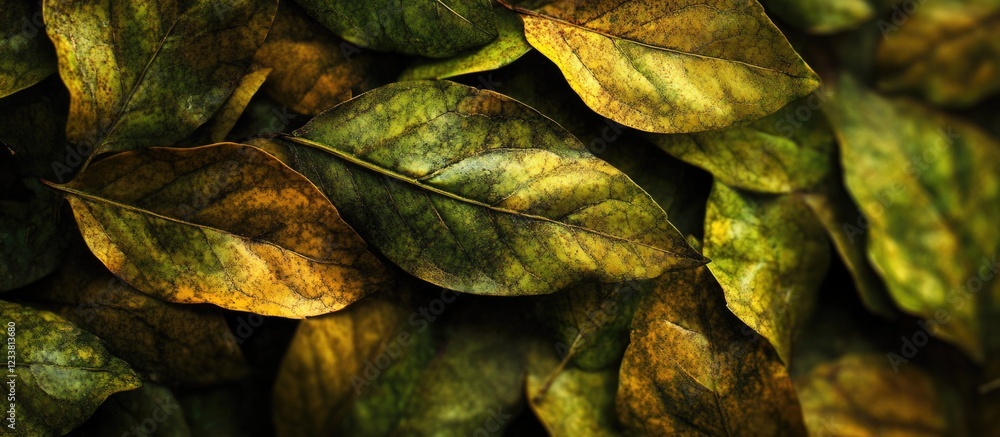 Poster dry green and yellow leaves background texture with varied shapes and sizes copy space