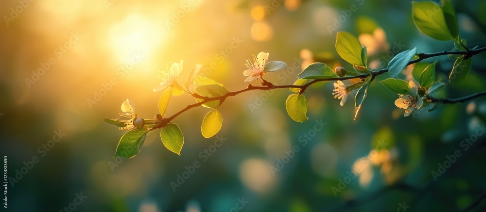Poster Spring blossoms with soft sunlight filtering through leaves in a natural setting Copy Space