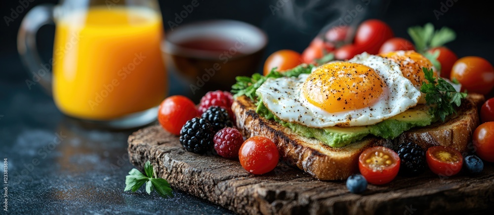 Poster breakfast dish featuring avocado toast topped with fried egg and surrounded by fresh berries and veg