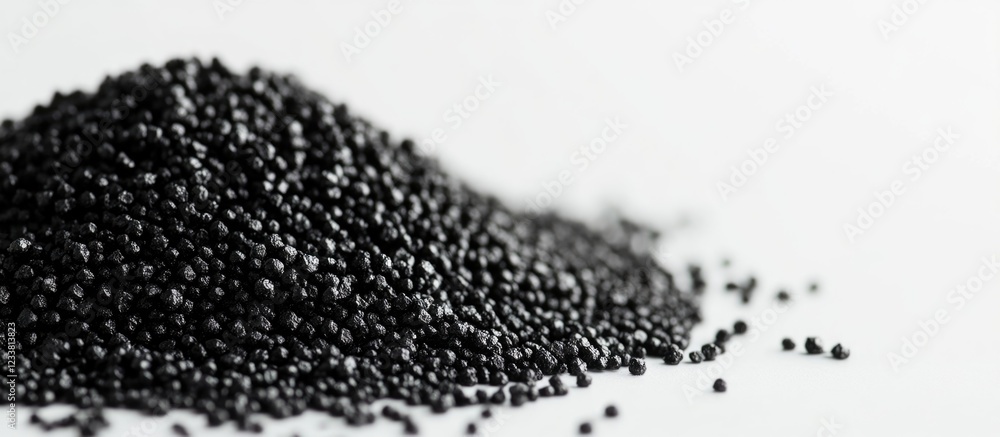 Poster Black granulated substance on a white background with copy space for text placement.