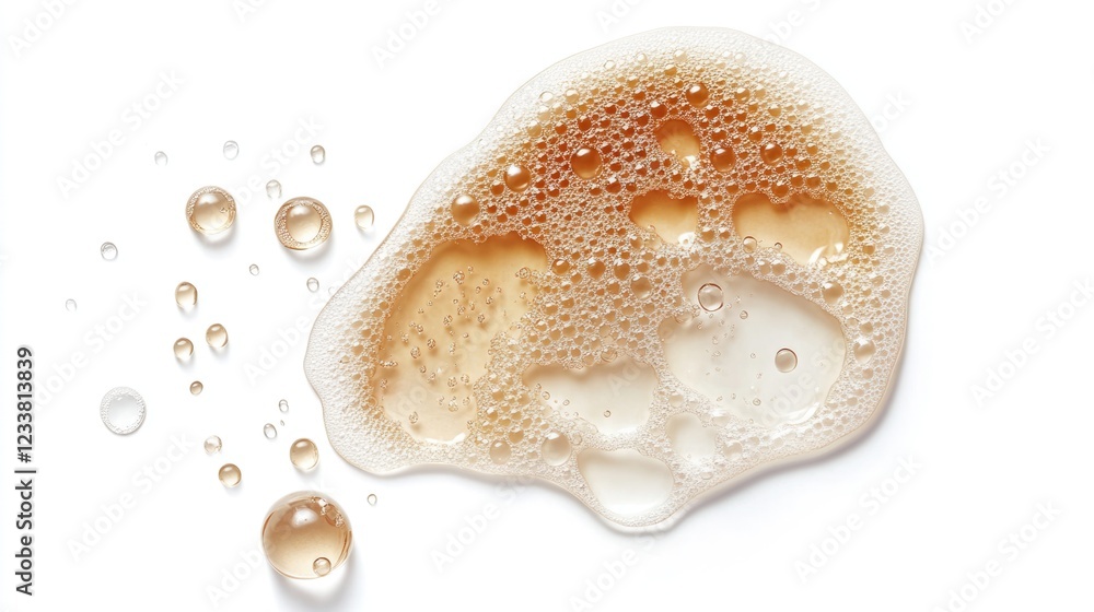 Poster brown liquid foam with bubbles and droplets on a white background with copy space