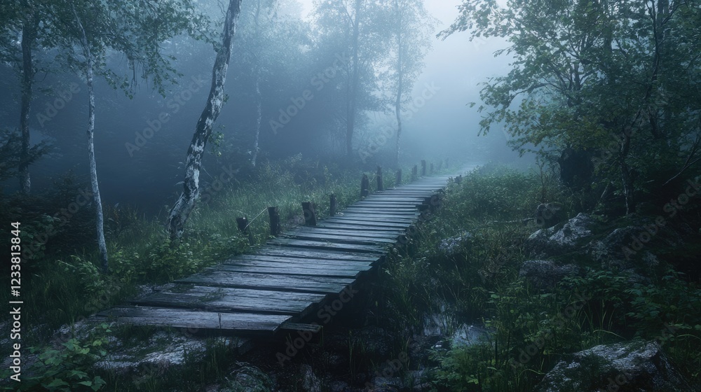 Poster Misty forest path with wooden bridge surrounded by dense fog and greenery Copy Space for text placement