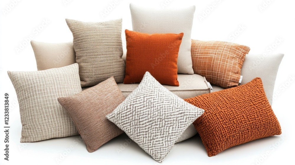 Poster Assorted decorative throw pillows in neutral and orange tones arranged on a light background with Copy Space for text placement.