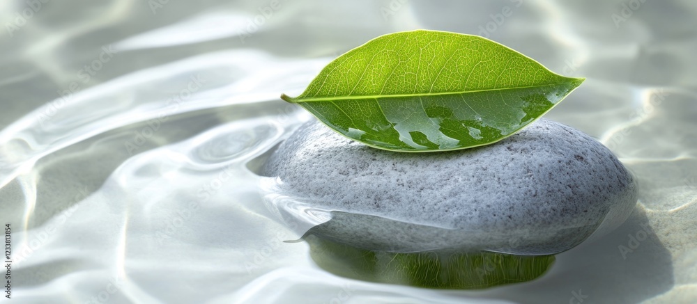 Poster smooth gray stone with a fresh green leaf floating on calm water surface copy space