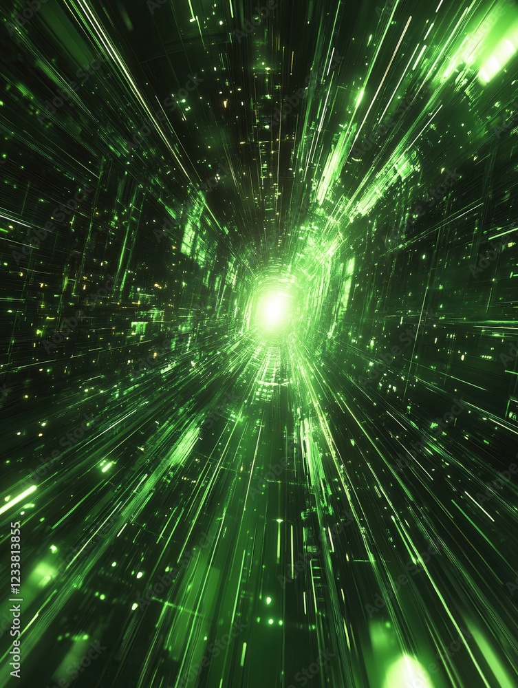 Poster green light tunnel with glowing lines and geometric shapes creating a futuristic effect