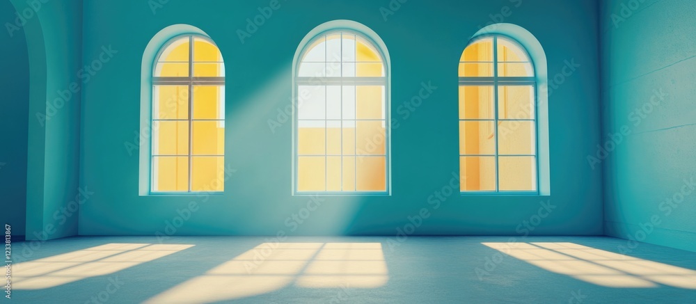Poster interior of a bright room with three arched windows casting shadows on the floor and colorful light 