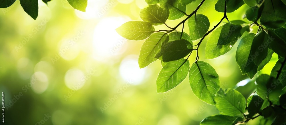 Poster green leaves illuminated by sunlight with a blurred background and copy space for text placement