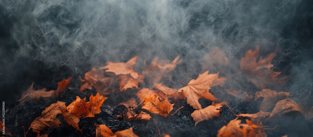 Poster autumn leaves on dark ground with smoke background in a natural setting demonstrating seasonal chang
