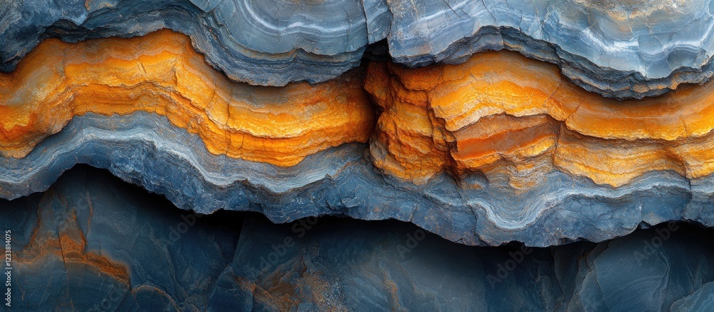 Poster cross-sectional view of colorful layered agate stone with orange and blue bands and copy space for t
