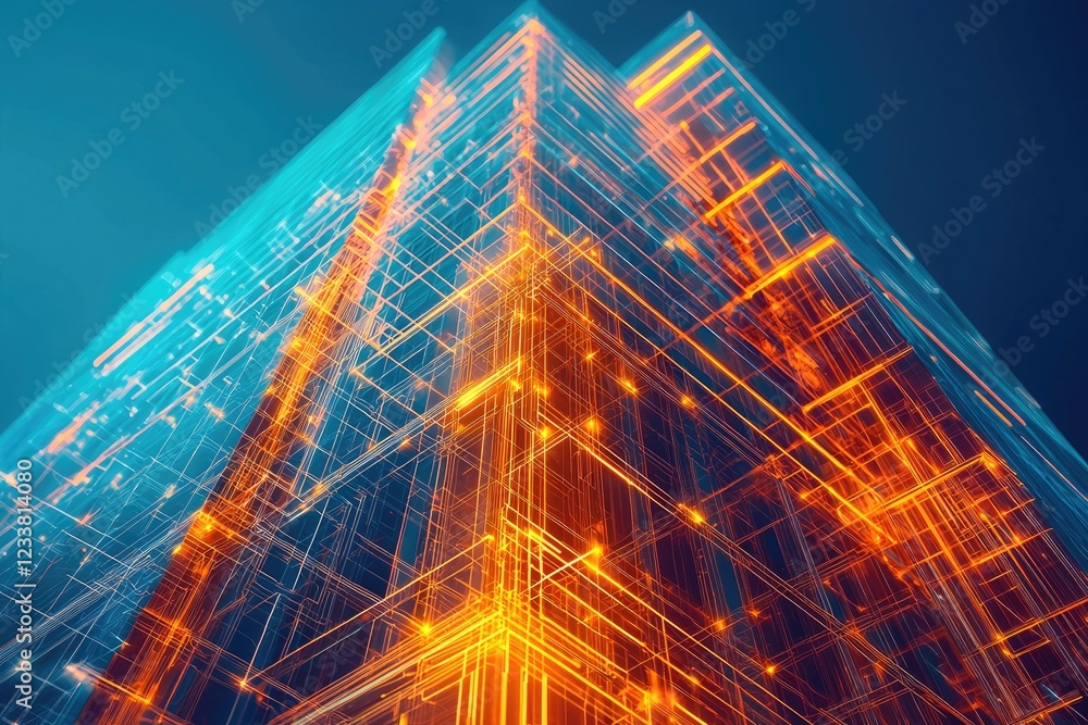 Poster a futuristic digital skyscraper with glowing lines and geometric patterns, creating a sense of depth