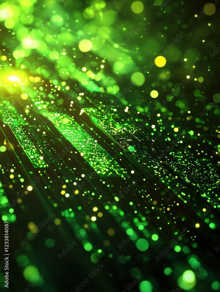 Poster abstract green light streaks with glowing bokeh effect creating a magical atmosphere