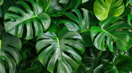 Obraz premium Tropical green monstera leaves background with rich foliage and texture Copy Space