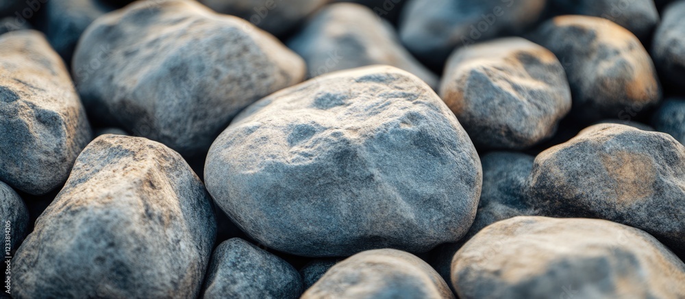 Aufkleber close-up of smooth stones and pebbles in various shades of gray with blurred background and copy spa
