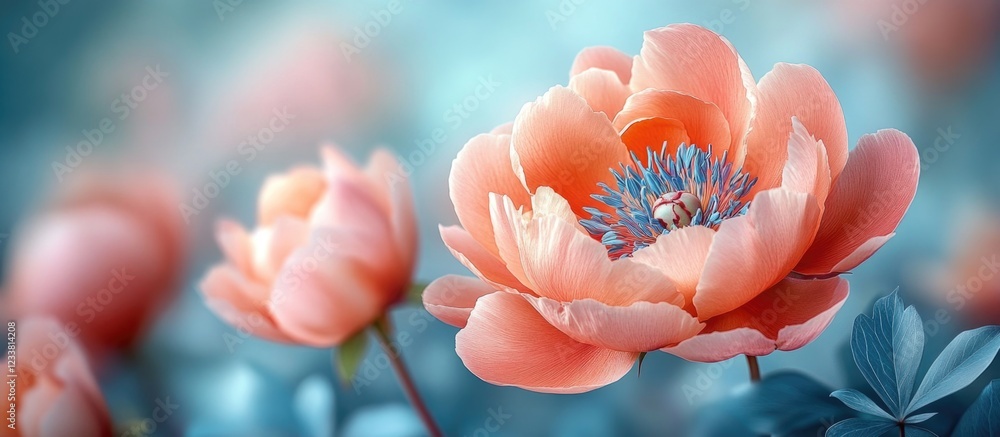 Aufkleber peach colored peony flowers in soft focus with blue background and copy space for text placement.