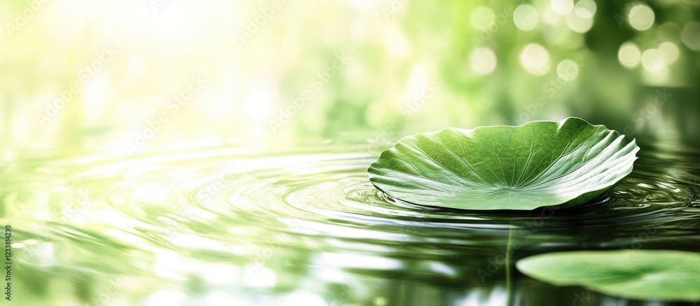 Poster water lily leaf on calm water surface with soft sunlight and blurred green background copy space