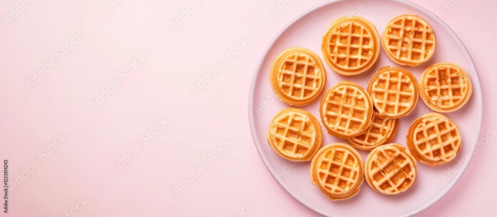 Poster Plate of golden waffles arranged neatly on a pastel pink background with ample copy space for text additions.
