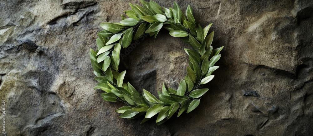 Poster Green leaf wreath on textured stone background with ample Copy Space for text insertion
