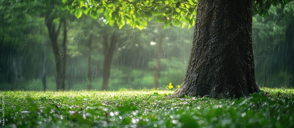 Poster lush green forest landscape with rain falling, close-up of tree trunk and soft grass, copy space for