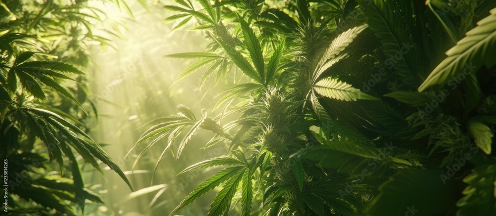 Aufkleber sunlight filtering through dense green cannabis plants in a natural setting with soft focus and copy