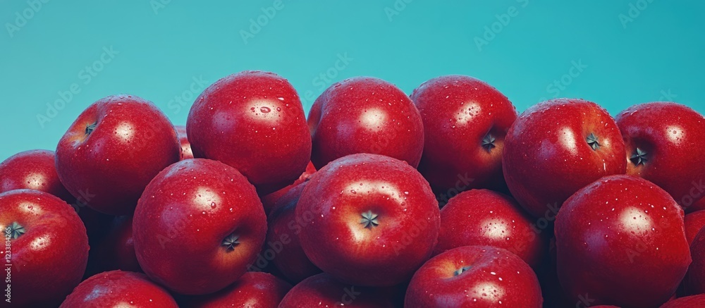 Poster Fresh red apples stacked against a blue background with water droplets and copy space for text.