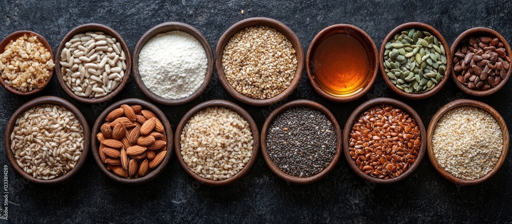 Poster Assorted nuts and grains in clay bowls on a dark surface with copy space for text. Top view of healthy ingredients for cooking.