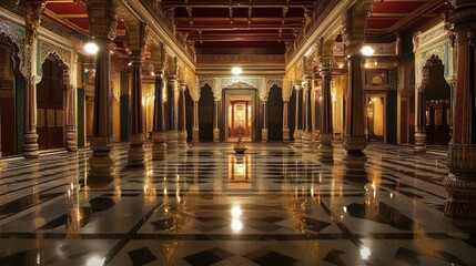 luxurious hindu palace from the times of ancient india, interior, night