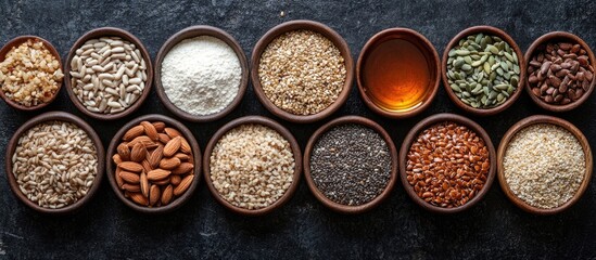 Assorted nuts and grains in clay bowls on a dark surface with copy space for text. Top view of healthy ingredients for cooking.