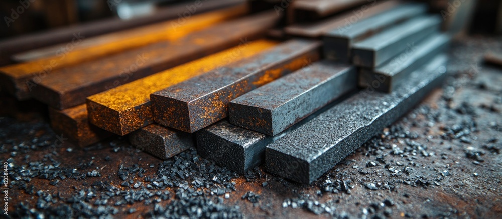 Poster Close-up of stacked metal bars with textured surfaces and rust, showing varying colors and Copy Space for text insertion.