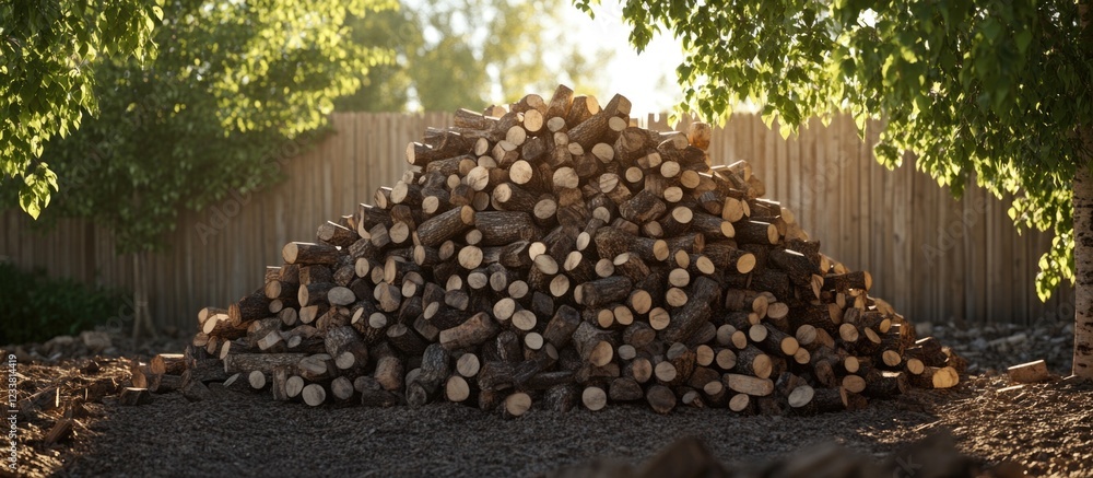 Poster woodpile stacked neatly in a garden area surrounded by trees and a wooden fence with soft sunlight s