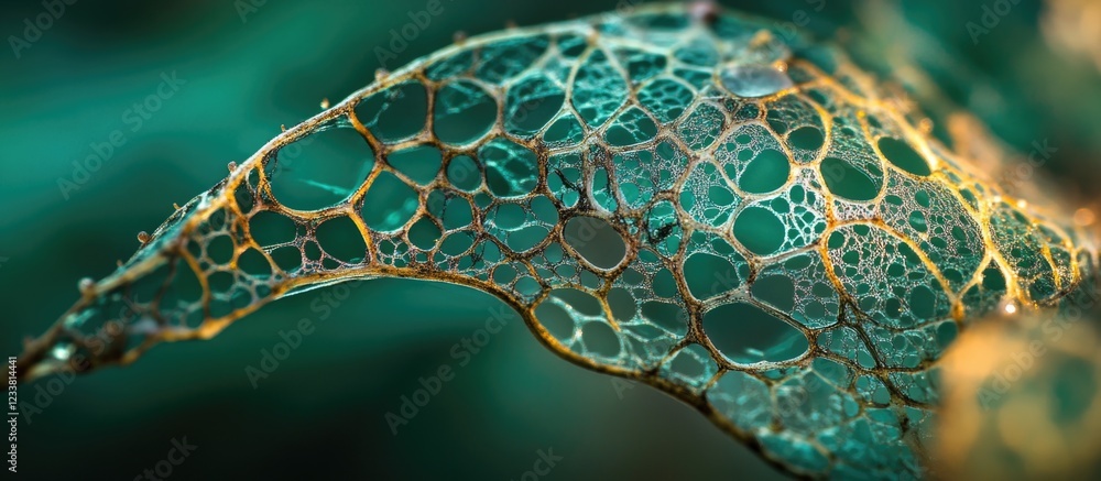 Aufkleber Macro view of a leaf skeleton with intricate veins and textures against a blurred green background featuring copy space.