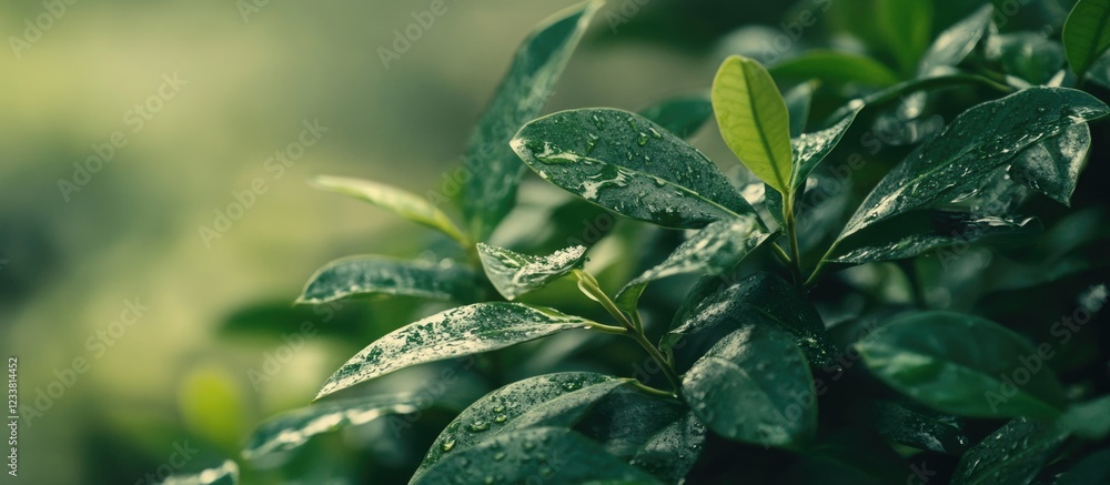 Poster close-up of green leaves with water droplets on surface and blurred background copy space