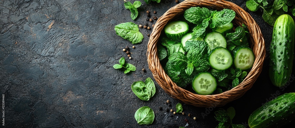Poster freshly cut cucumber slices and mint leaves in a woven basket on a textured dark surface with copy s