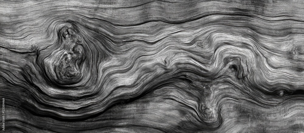 Poster Abstract monochrome wooden texture background with swirling grain patterns and Copy Space for text placement.