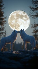 two white wolf standing in front of full moon