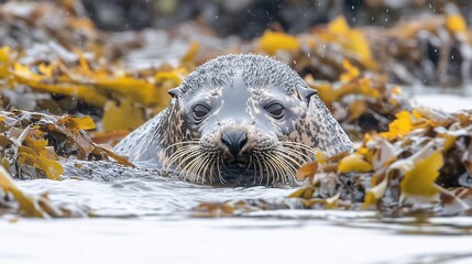 Seal swimming among seaweed in ocean water with falling snow during winter season