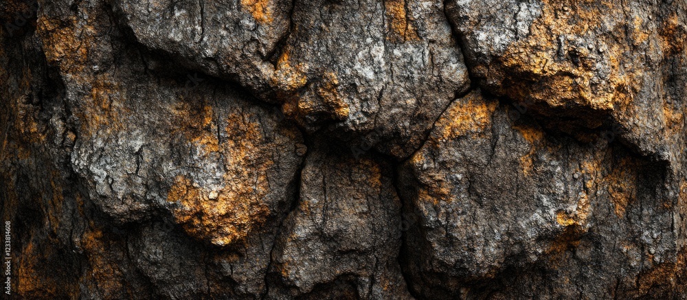 Poster Close-up view of textured tree bark with rough surface and orange lichen growth Copy Space