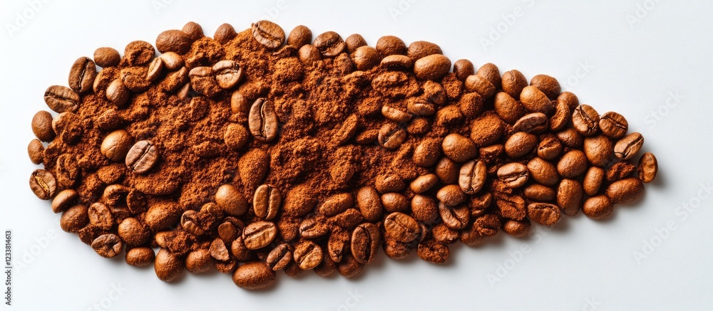 Poster Coffee beans and ground coffee scattered on a white background with ample copy space for text placement