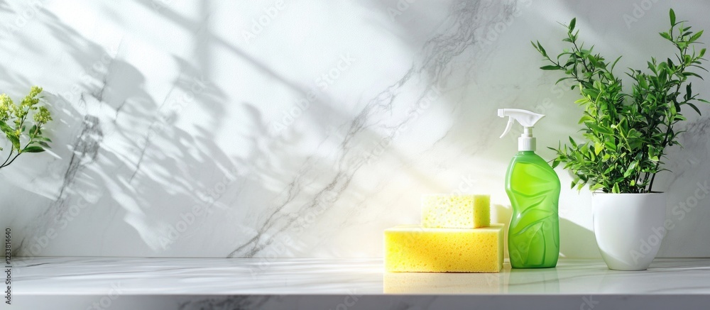 Poster cleaning products and houseplants on marble countertop with natural light shadows and copy space for