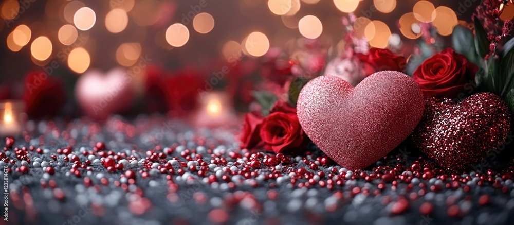 Poster romantic composition with sparkling hearts and red roses on a table with blurred lights in the backg